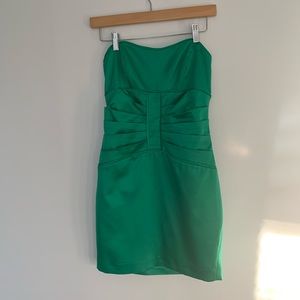 Bebe green silk ruched strapless mini dress